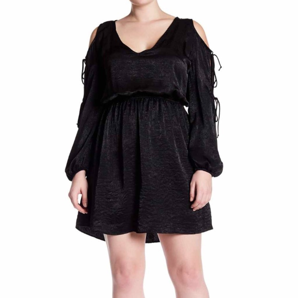 New The Vanity Room Black Satin Cut out tie sleeve dress Mini Short Plus 2X